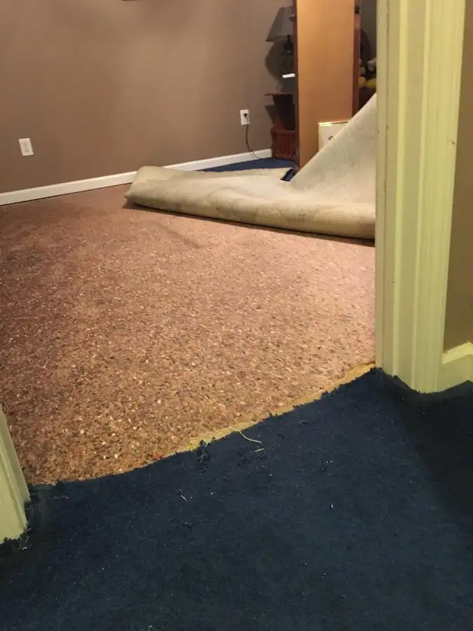 Carpet pad removal revealing water damage during Water Mitigation Services in Draper